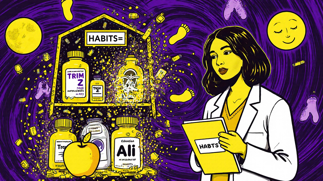 A dietitian holds an apple while fake supplements explode around her, in vibrant psychedelic cartoon style.