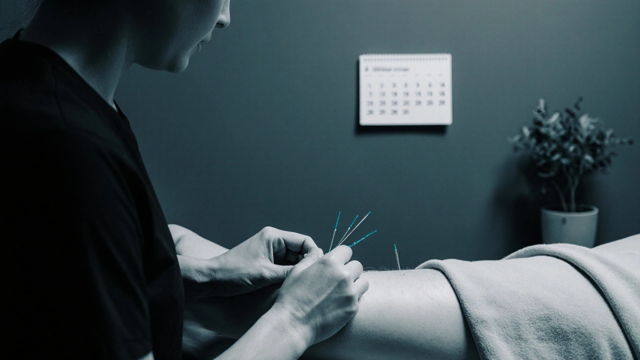 Acupuncture session showing practitioner inserting silver‑blue needles near a knee in a calm clinic.