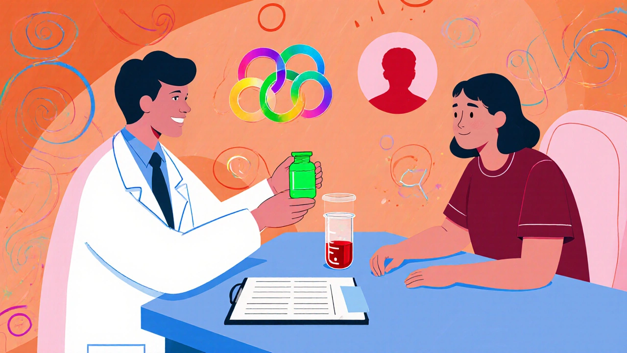 Cartoon doctor giving carbamazepine pills to patient with blood test tube.