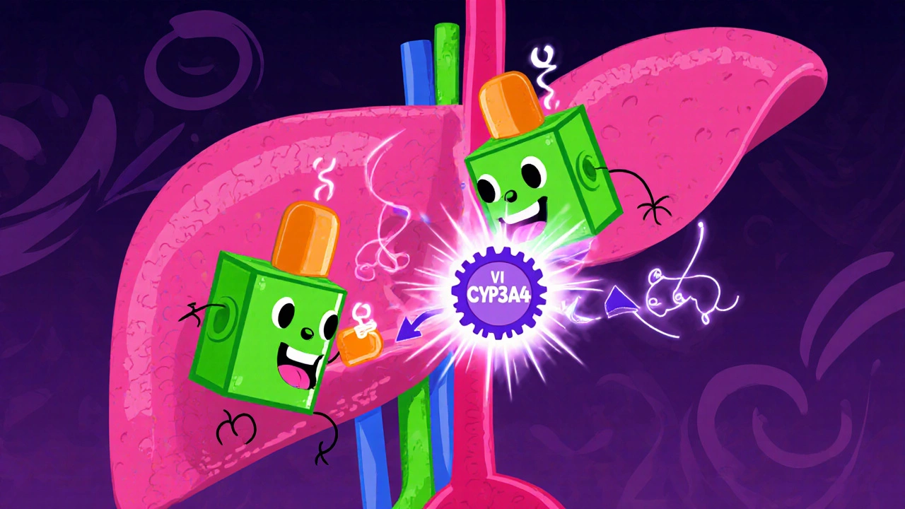 Cartoon liver showing enzymes converting carbamazepine to an epoxide.