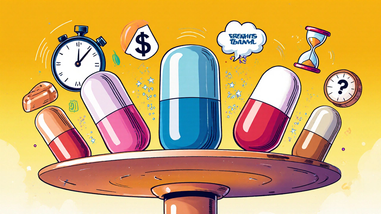 Cartoon pills with icons for onset, duration, cost, and side effects.
