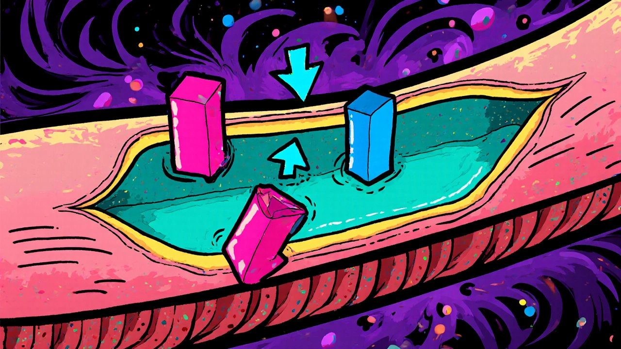 Cross‑section of artery showing calcium channels blocked, causing vasodilation.