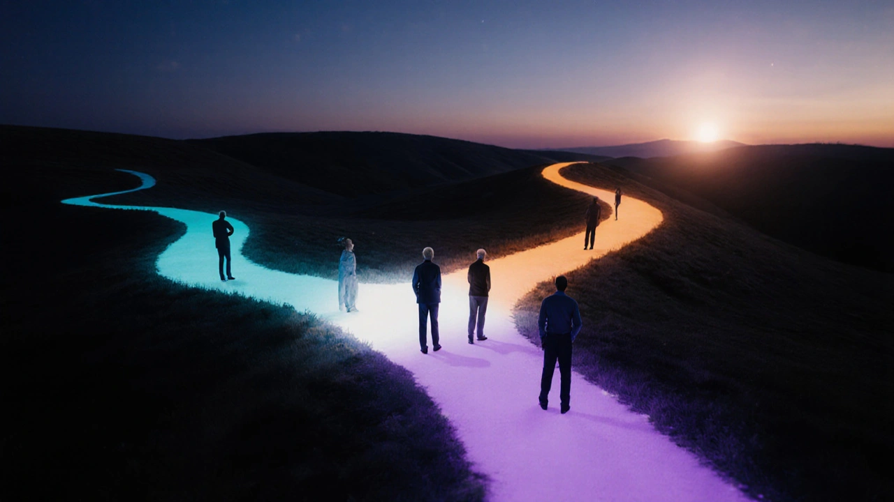 Crossroads at dusk with glowing trails in different pill colors, silhouettes deciding.