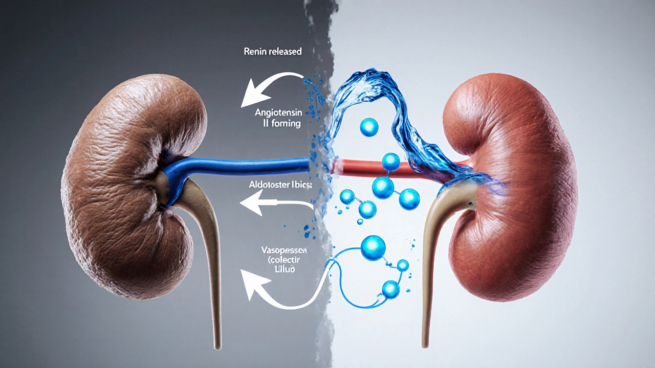 Diagram showing kidneys, hormones (renin‑angiotensin‑aldosterone, vasopressin) and fluid retention in heart failure.