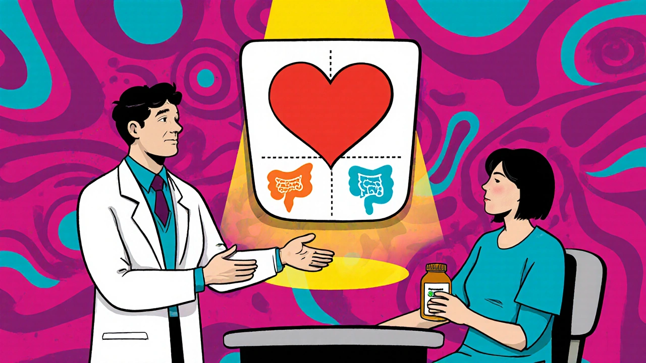 Doctor and patient discussing atenolol side effects, showing constipation and diarrhea icons.