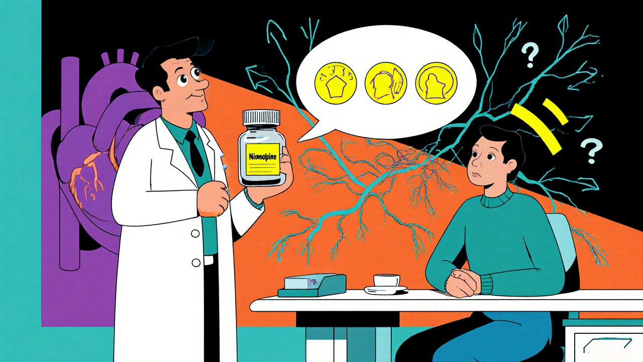 Doctor showing a Nimodipine bottle to a patient, with side‑effect icons and heart diagram in the background.