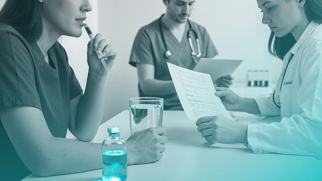 Duotone clinic scene with patient drinking water, nurse preparing mesna, doctor monitoring.