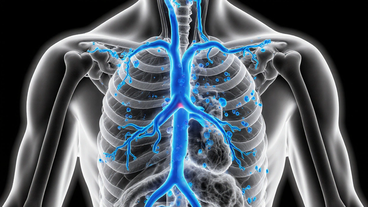Duotone cross‑section of drug distribution to organs and kidney excretion.