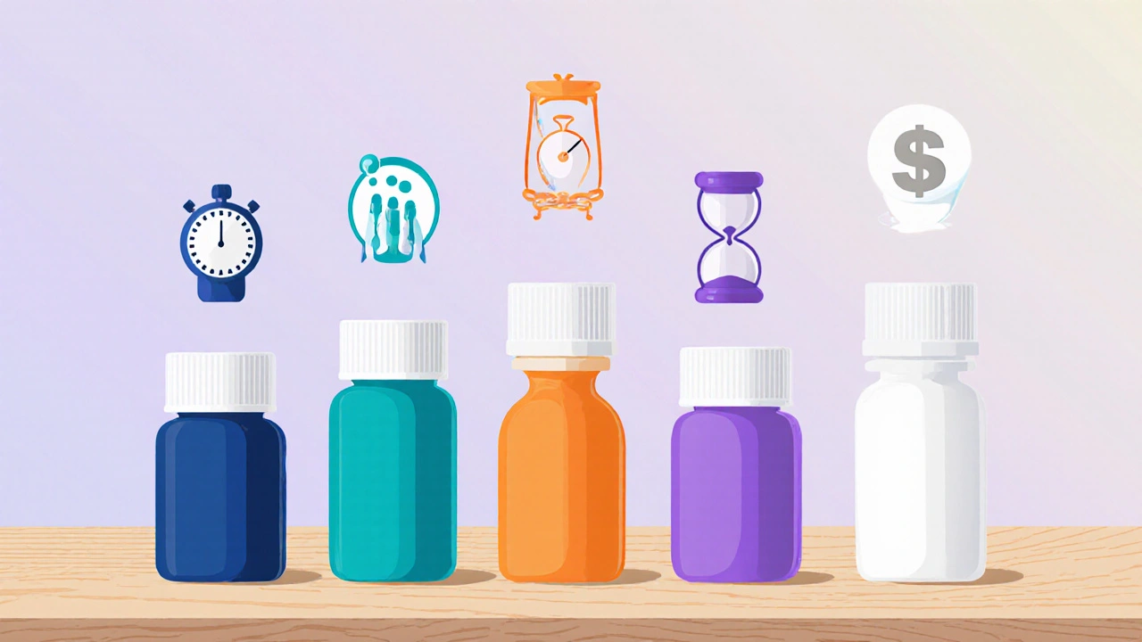 Five colored pill bottles on a tabletop with icons for speed, duration, cost.