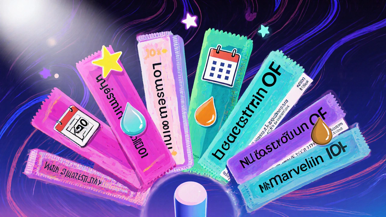 Five contraceptive pill packs arranged in fan with abstract symbols for acne, calendar, water retention, and iron.