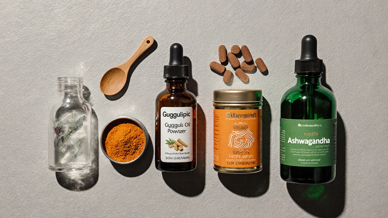 Flat lay of various Ayurvedic supplements: capsules, oil bottle, powder, turmeric, Boswellia, Ashwagandha.