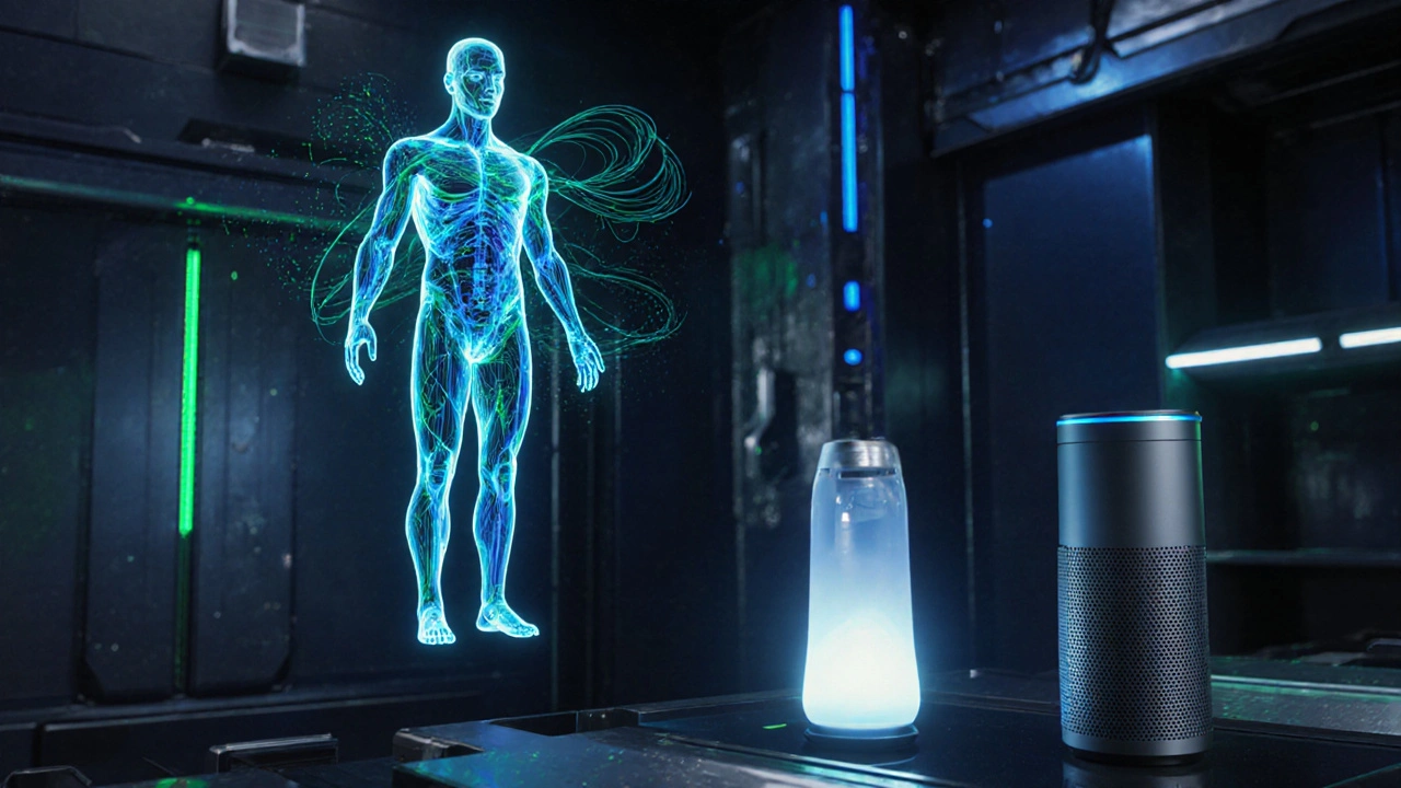 Futuristic holographic patient model beside remote drug pump and voice‑assistant in a high‑tech lab.