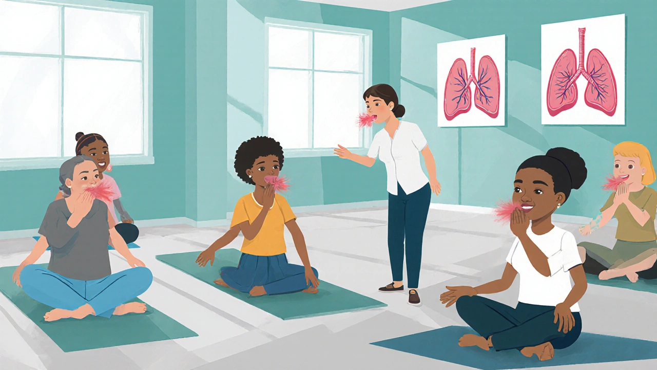 Group pulmonary rehab class practicing pursed‑lip breathing in a bright studio.