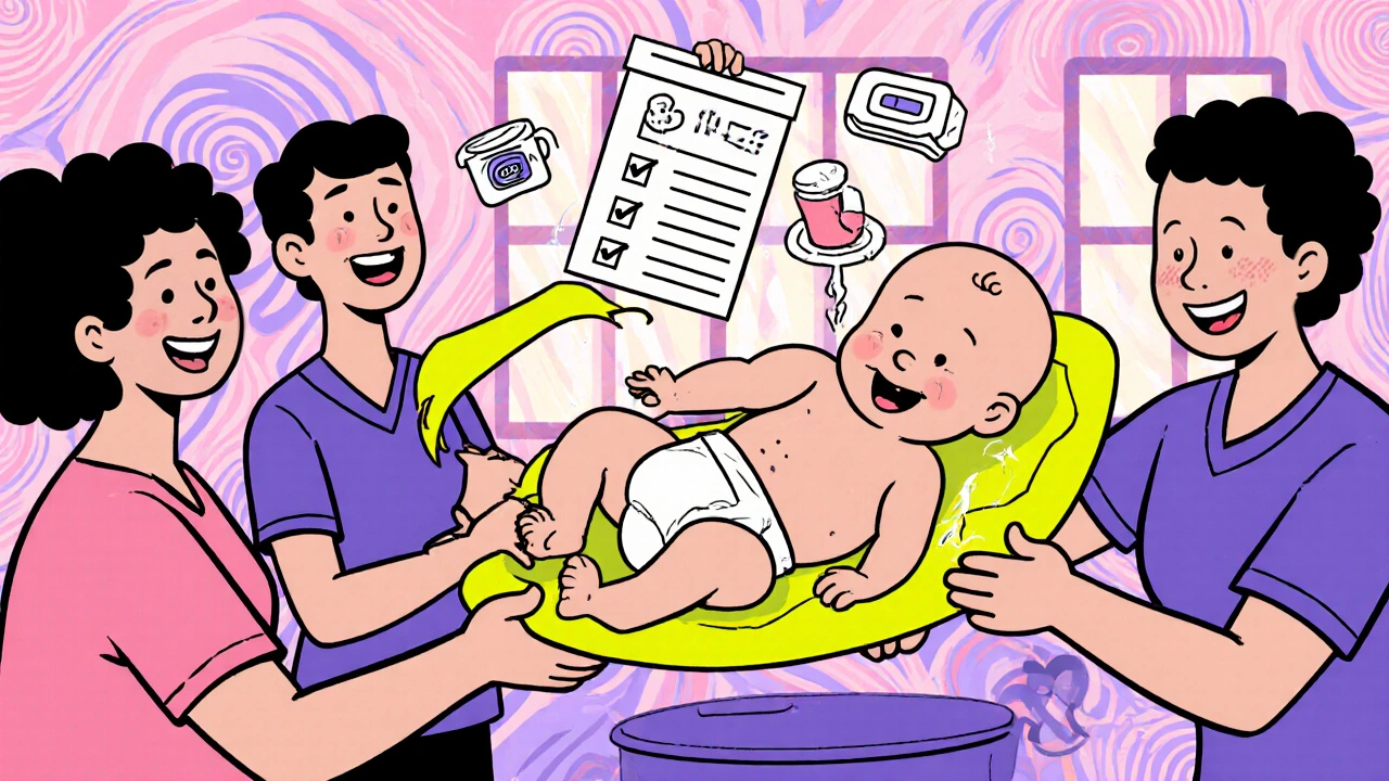 Happy baby in clean diaper with daycare staff reviewing a rash‑prevention checklist, vibrant background.