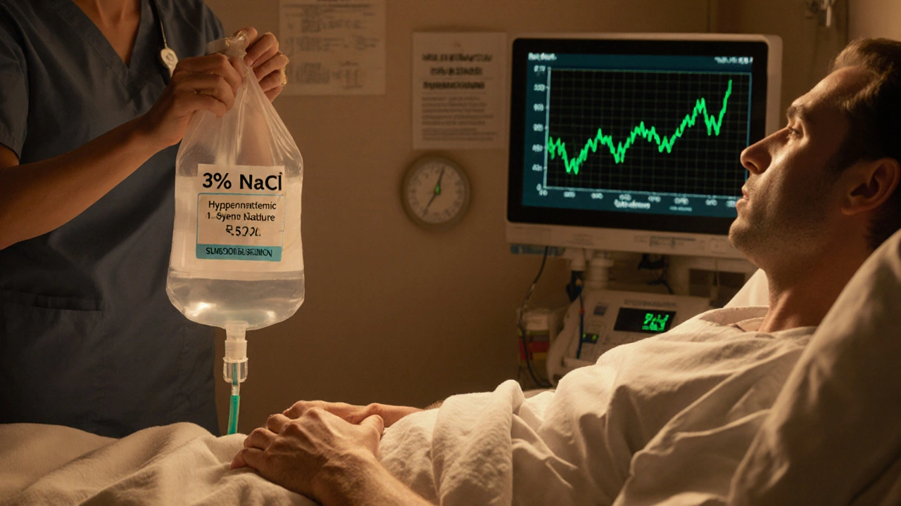 Hospital bedside scene with IV hypertonic saline, monitor displaying rising sodium levels, and a caring nurse.