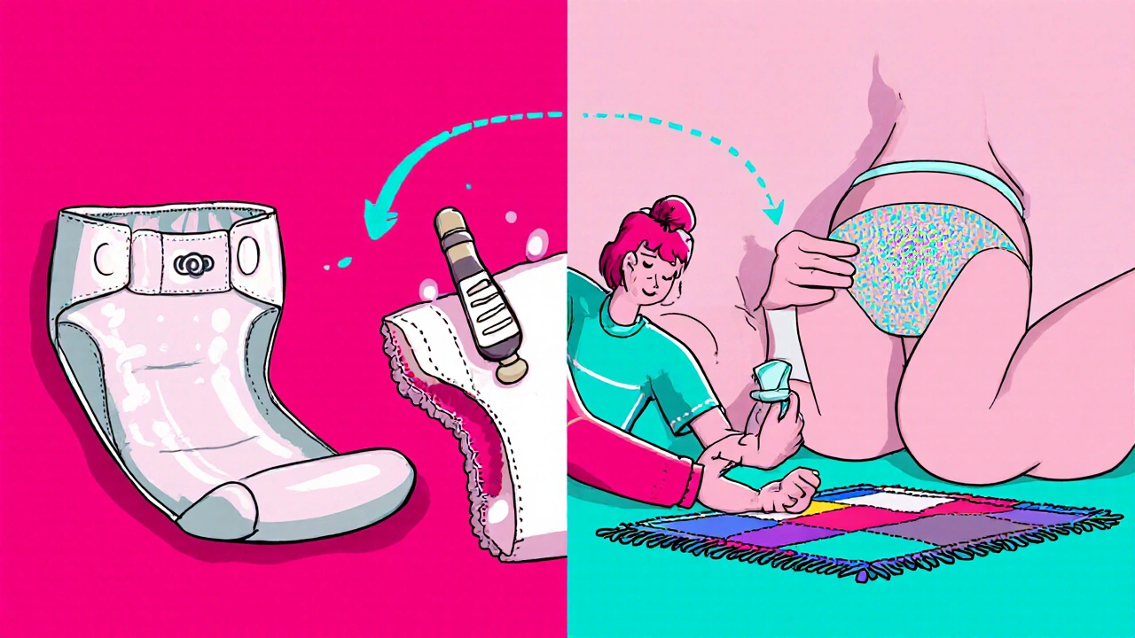 Illustration of disposable and cloth diapers, mother applying zinc‑oxide cream, baby on diaper‑free mat.