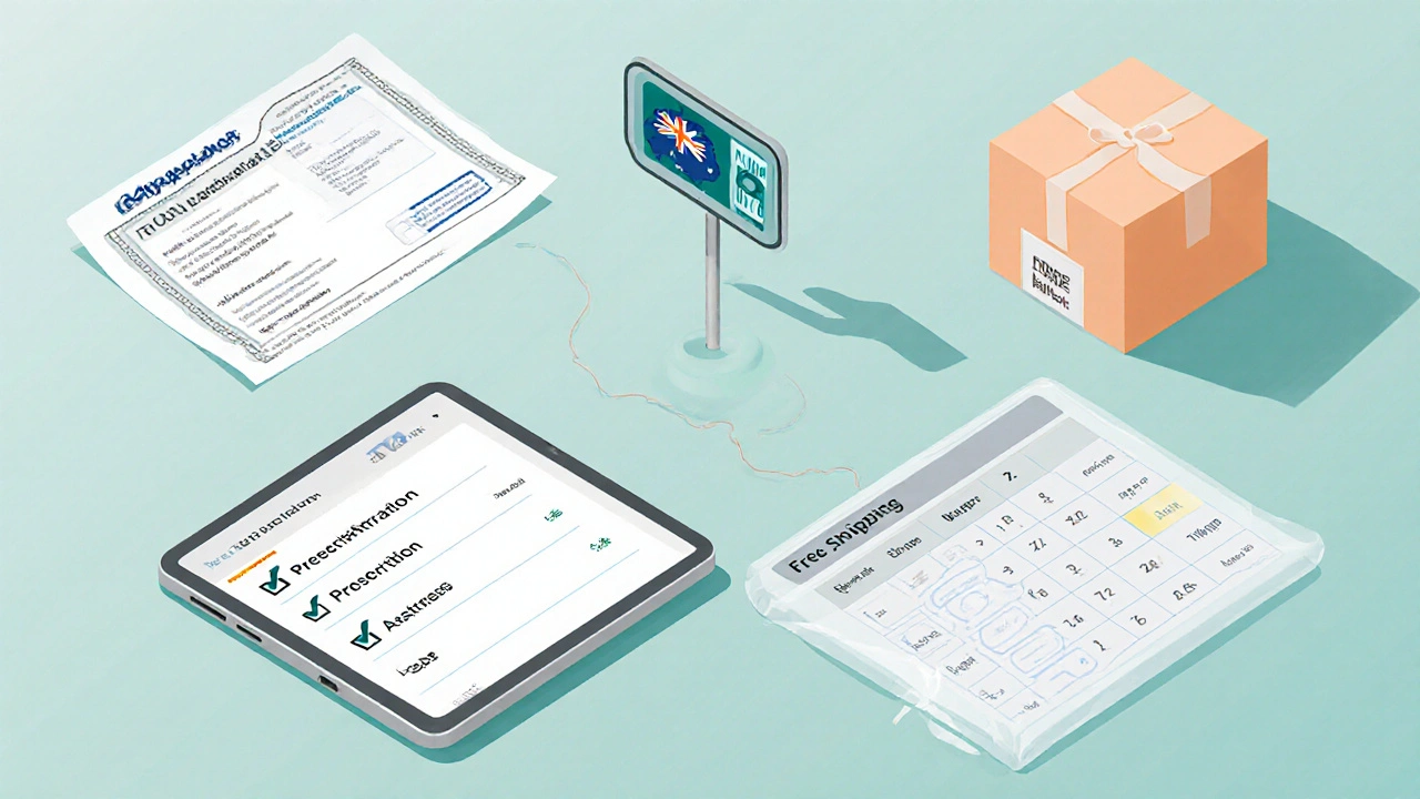 Isometric desk layout with TGA certificate, prescription upload tablet, price list, and shipping box.