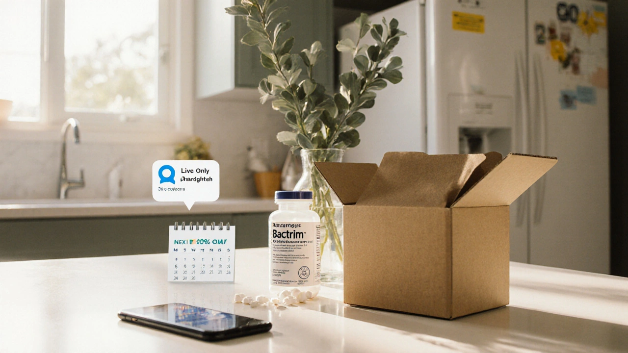 Kitchen counter with delivery box opened to reveal generic Bactrim bottle and phone showing pharmacist chat.