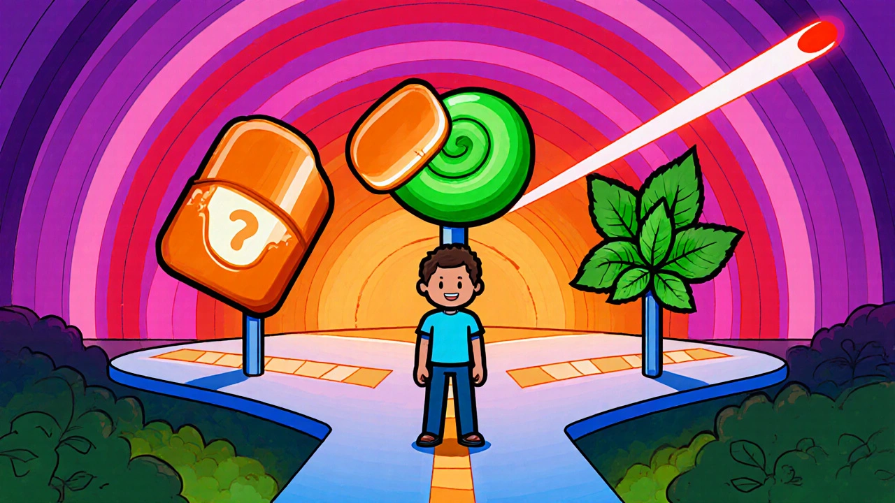 Man at a crossroads with cartoon symbols for pills, foam, leaves, and laser.