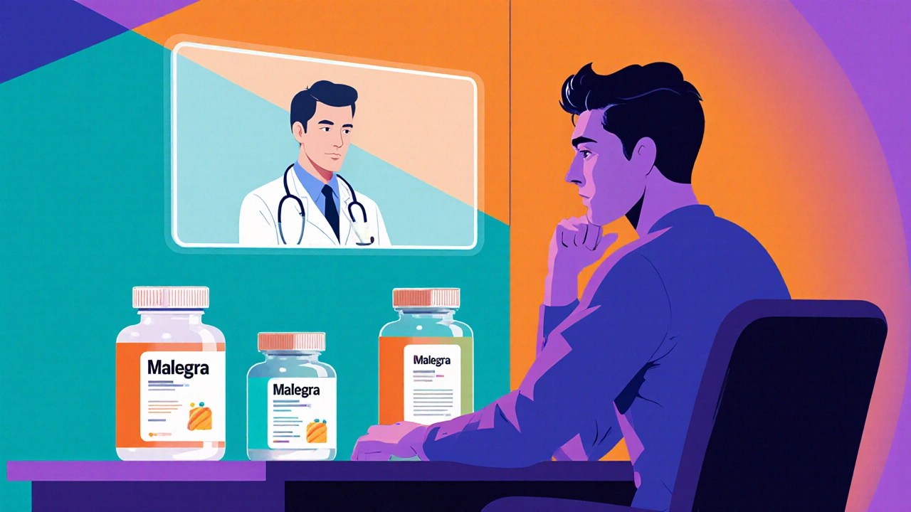 Man at a desk choosing pills while a holographic doctor appears nearby.