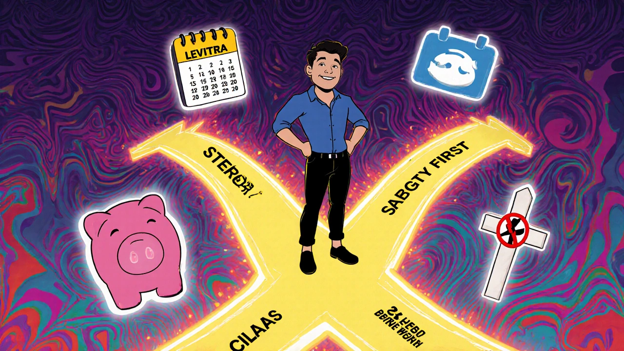 Man at a neon crossroads choosing between speed, duration, cost, and safety.