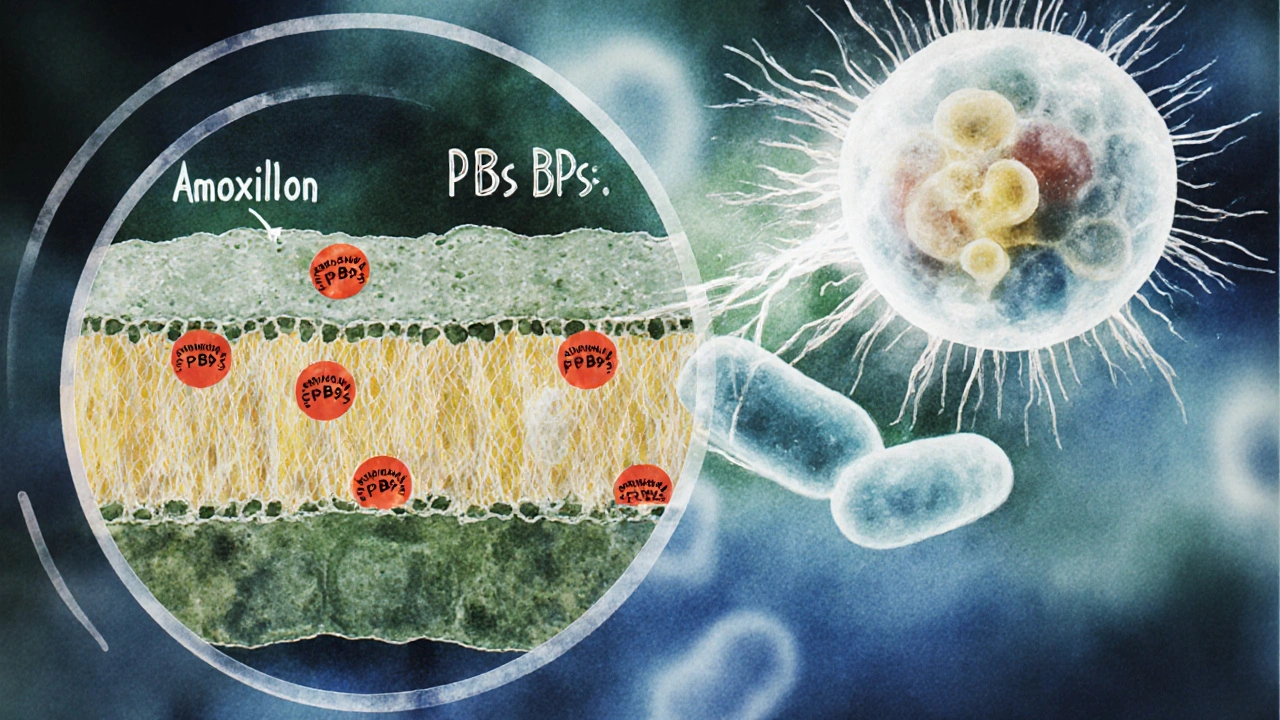 Microscopic view of amoxicillin binding to bacterial cell wall proteins causing cell lysis.