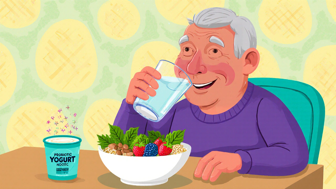 Older adult drinking water and eating high‑fiber foods, smiling gut illustration.