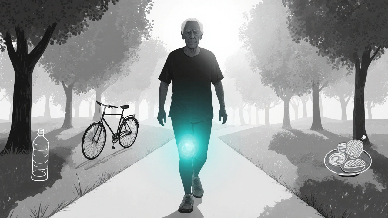 Older adult walking on a path with a teal‑glowing knee, indicating improved joint health.
