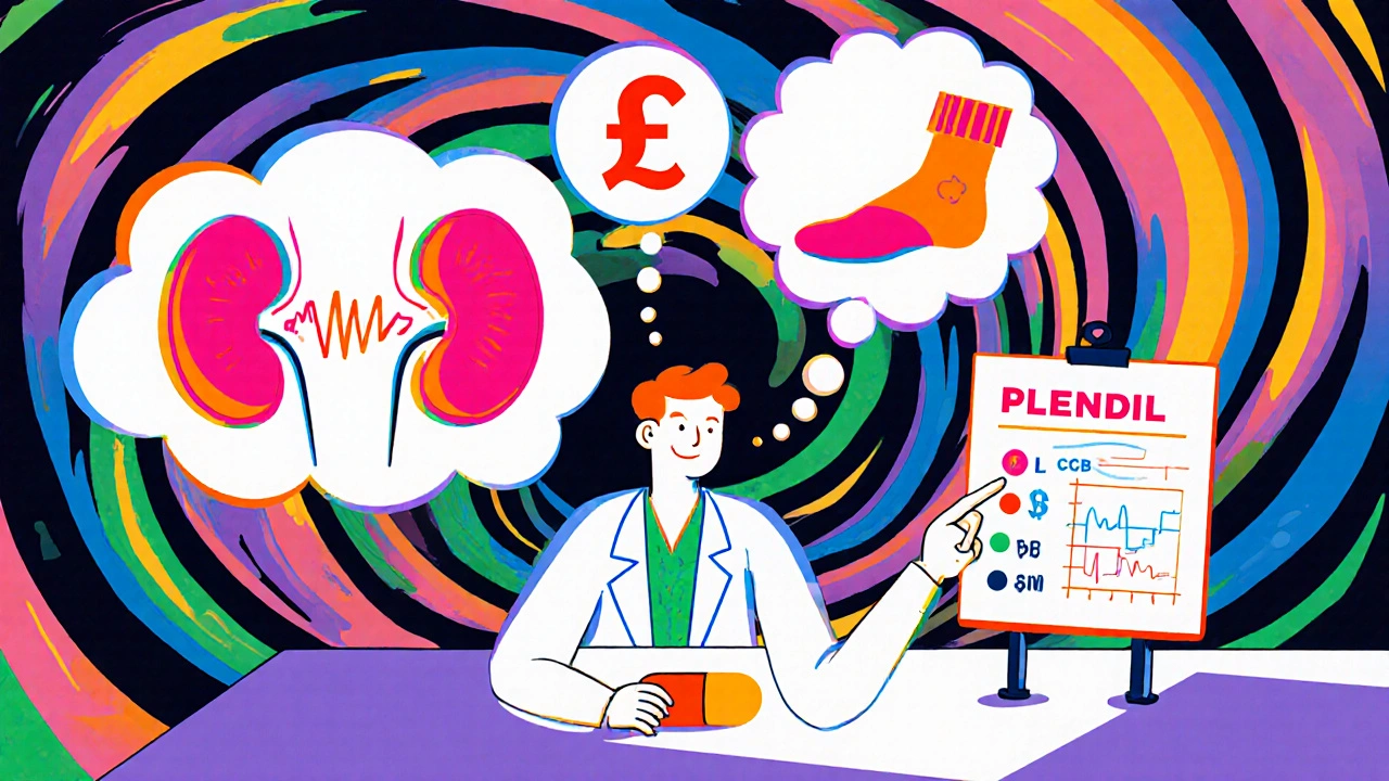 Patient and doctor discussing CCB options with icons for kidney, cost, heart, and edema.