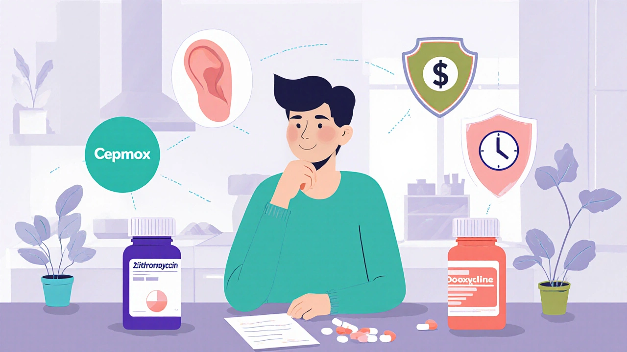 Patient at a table with different antibiotic bottles and icons for infection, allergy, cost, and dosing.