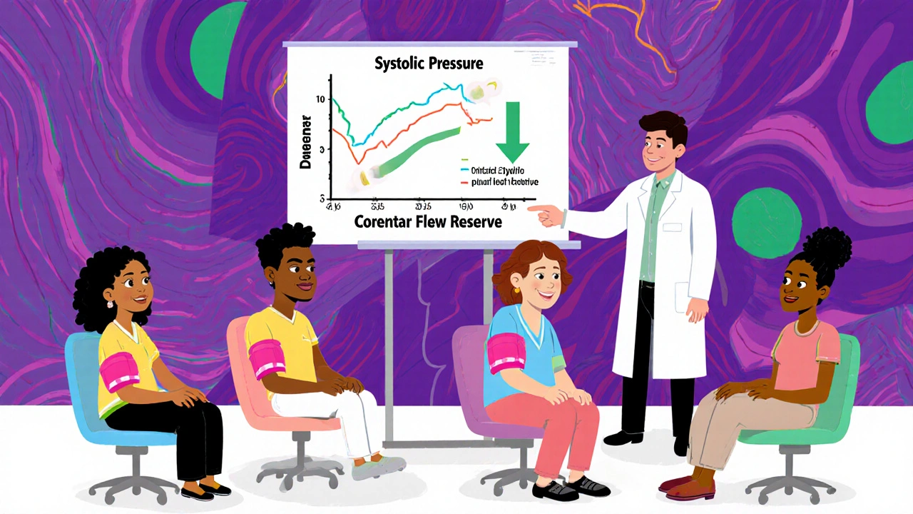 Patients in a clinic holding blood pressure cuffs while a scientist points to a chart of study results.