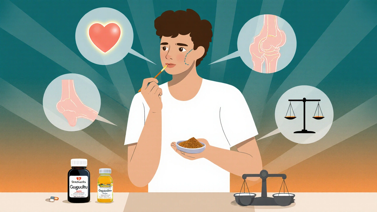 Person at kitchen counter holding powder and capsules, surrounded by health icons.