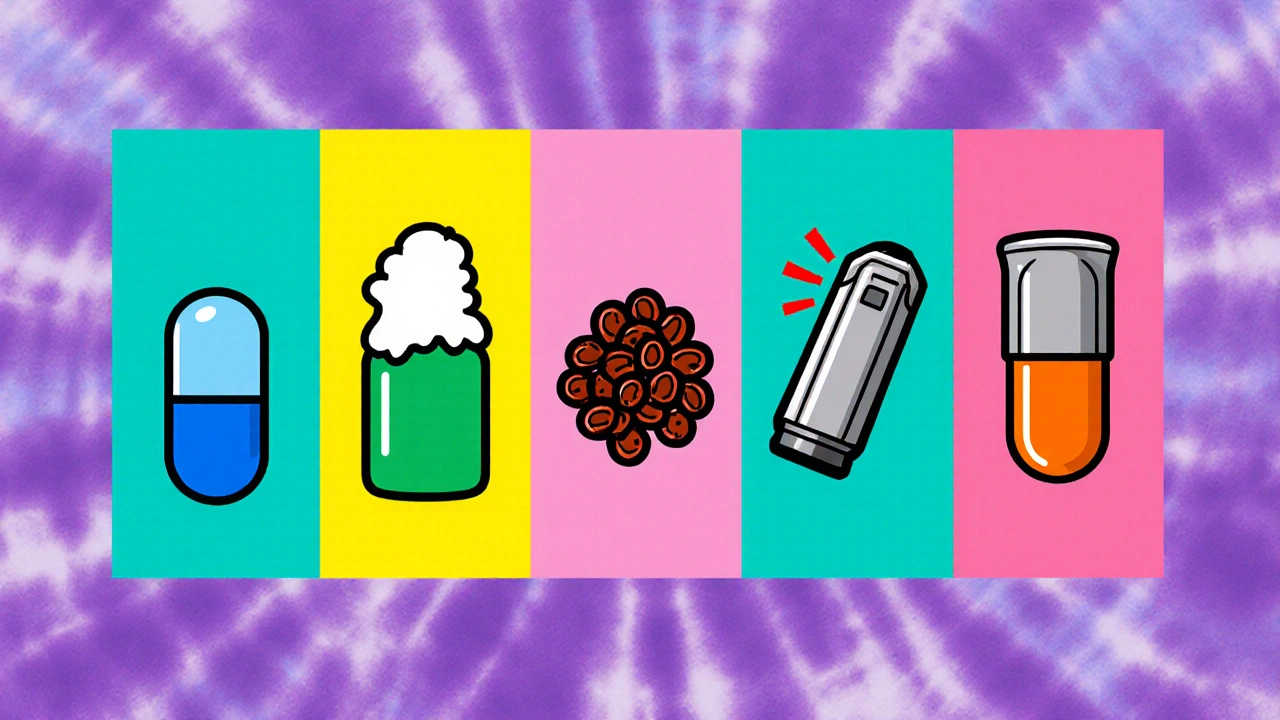 Row of cartoon icons for dutasteride, minoxidil, saw palmetto, laser cap, and finasteride.