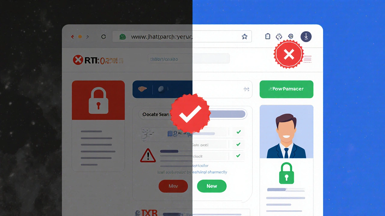 Split view showing a shady website versus a verified pharmacy with telehealth video.