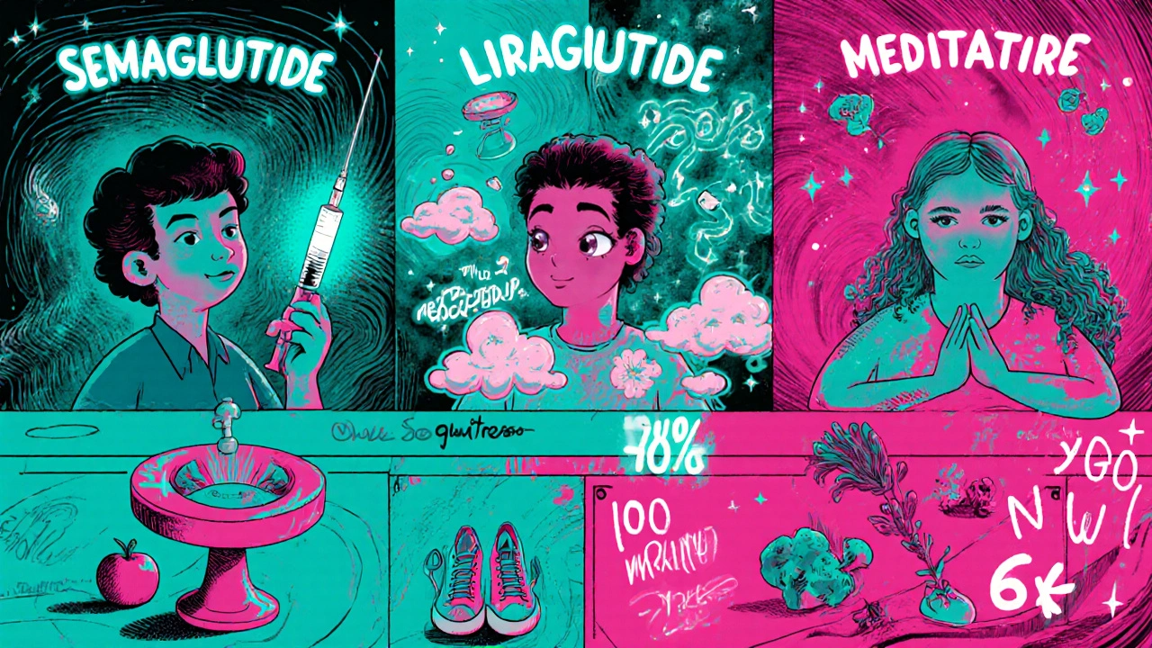 Three people using different weight-loss methods with glowing symbols and floating percentages in a cosmic kitchen.