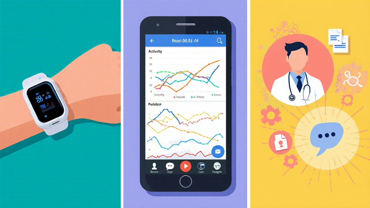 Wearable wrist sensor, health app on phone, and video call with doctor shown together.