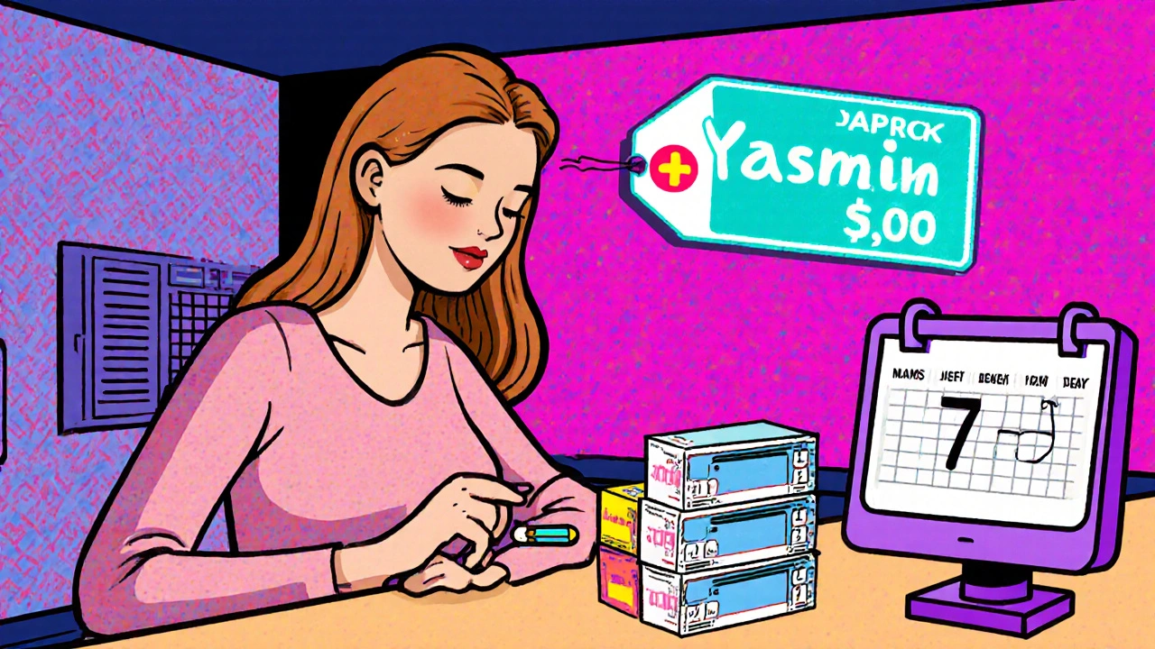 Woman at pharmacy counter comparing pill costs, blood pressure monitor, and a calendar showing a 7‑day break.