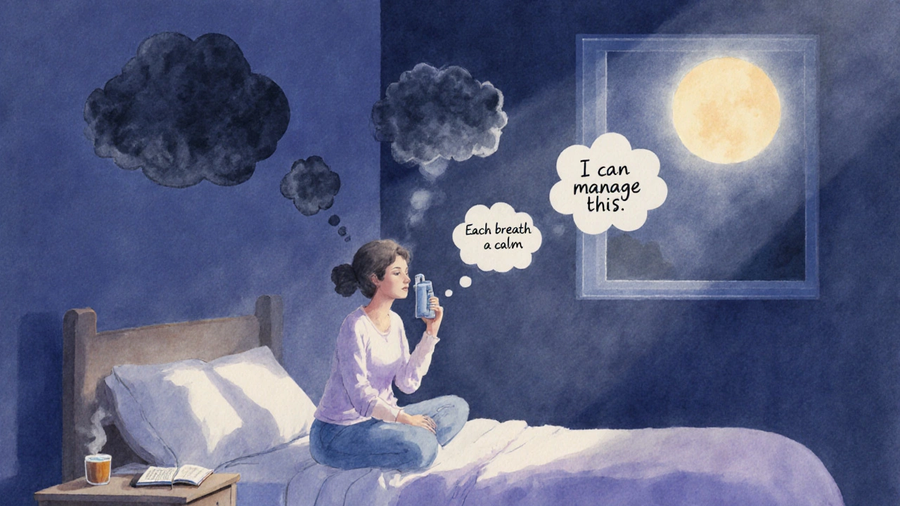 Woman practicing diaphragmatic breathing at night, inhaler and journal on bedside table.