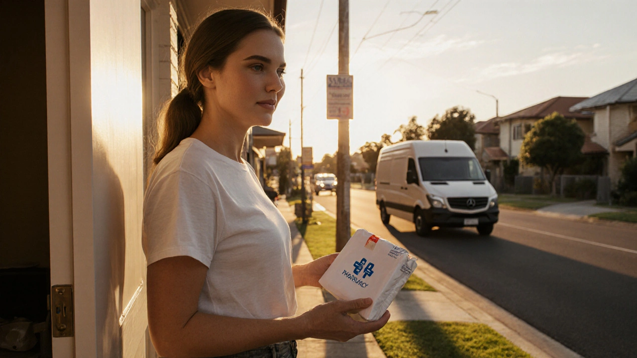 Woman receiving a discreet medication package at her doorstep, looking satisfied.