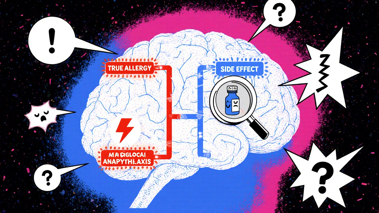 A brain inside a medical chart shows two pathways: one red for true allergy, one blue for side effect, surrounded by screaming alert icons.