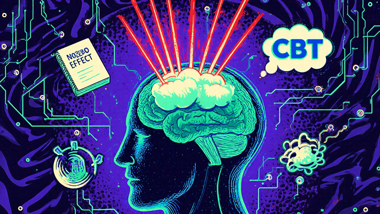 A brain with anxiety sparks being calmed by mindfulness tools, rendered in vibrant psychedelic patterns.