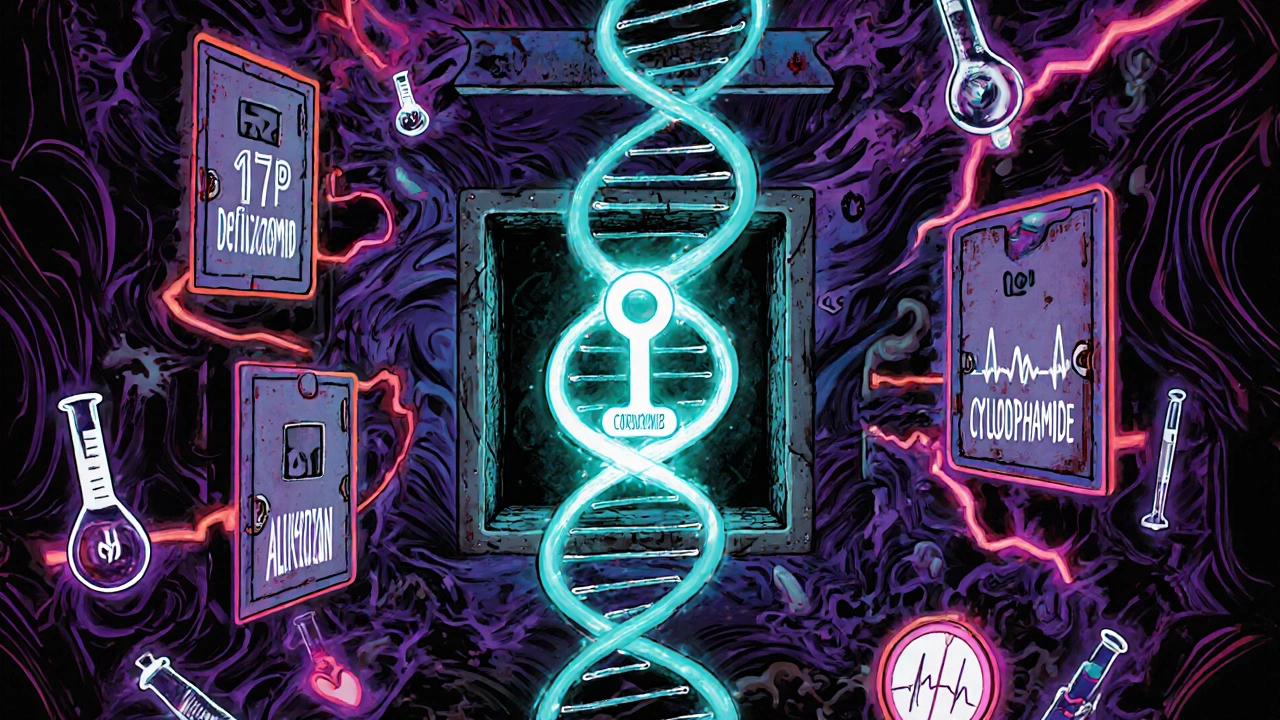 A cracked genetic helix unlocking carfilzomib while other drugs are locked away in a swirling psychedelic tunnel.