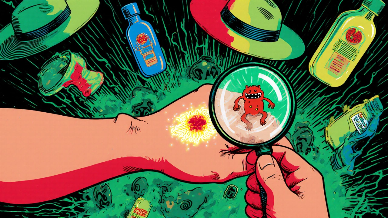 A dermatologist sees a skin patch transform into a cancer monster under magnifying glass.