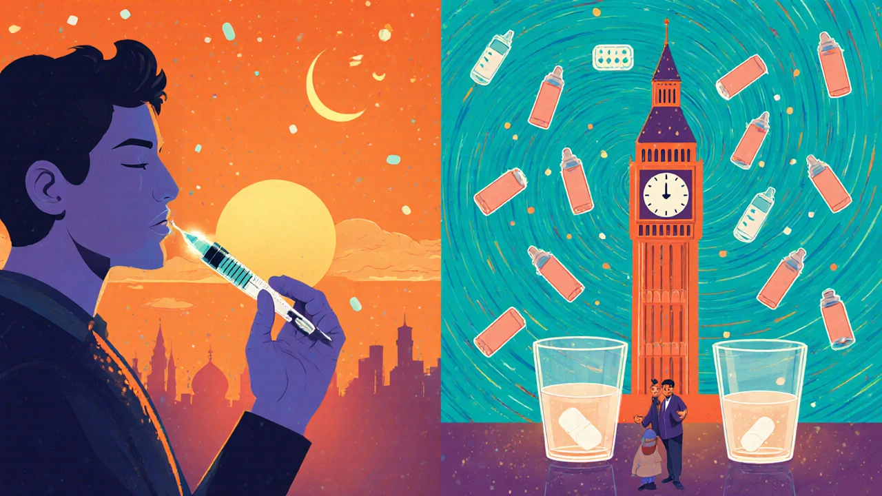 A diabetic person injects insulin at sunset while pills rain into glasses, with inhalers and patches floating nearby.