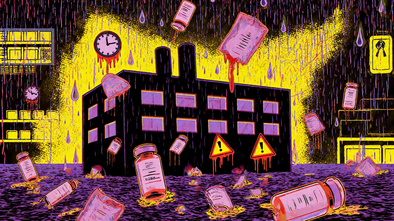 A flooded drug factory with insulin vials and melting clocks, in vibrant neon colors.