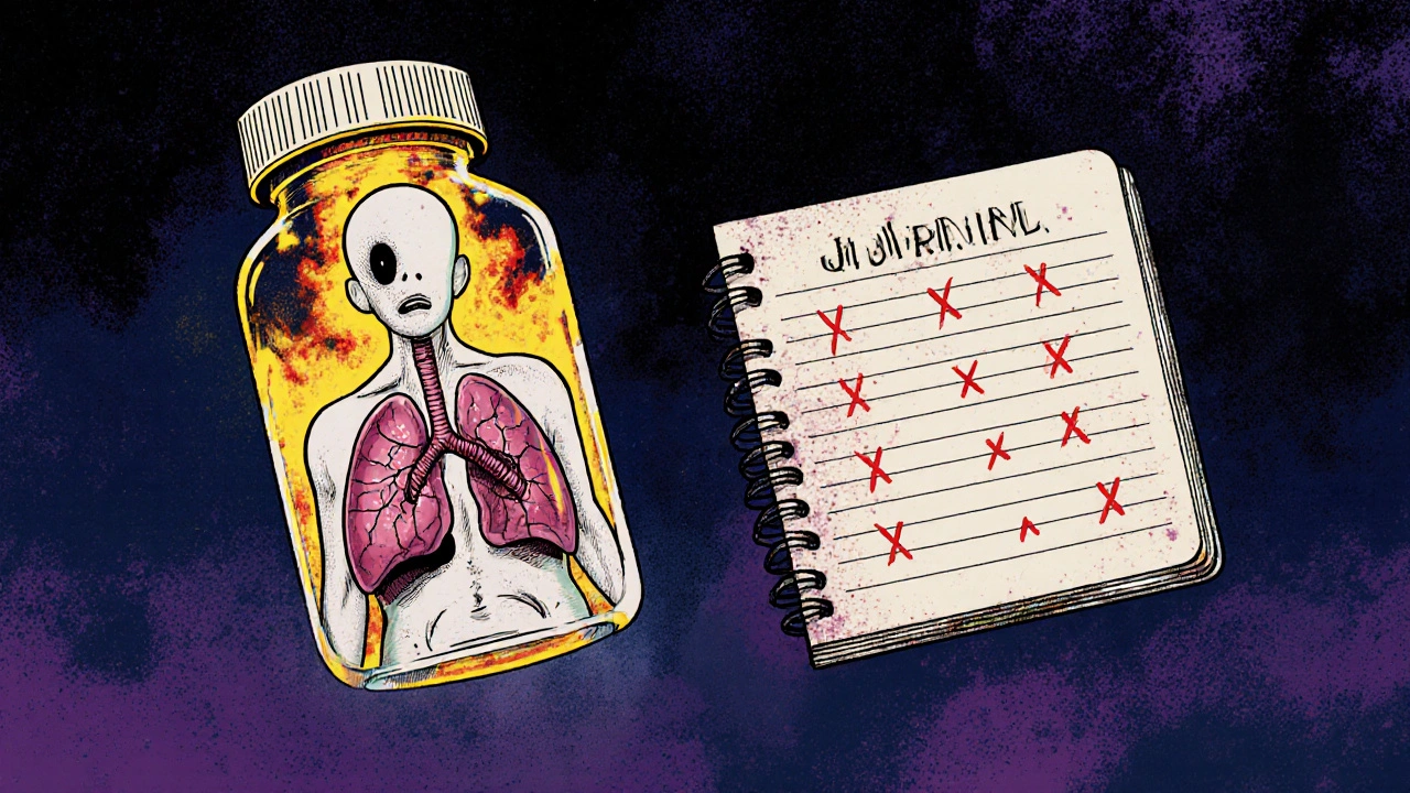A ghostly figure formed from a pill bottle, slowly breaking down into damaged organs over weeks, with a symptom journal nearby.