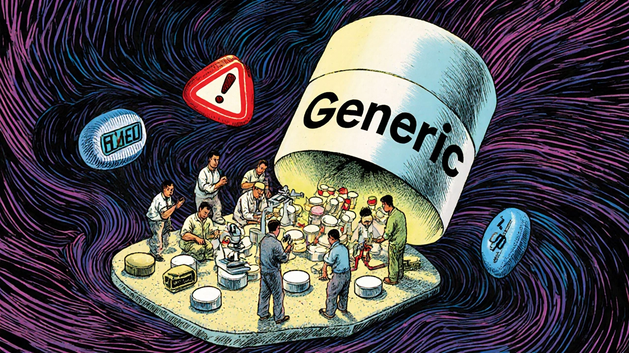 A giant cracked generic pill revealing a chaotic international factory with contrasting U.S. and Indian production lines.