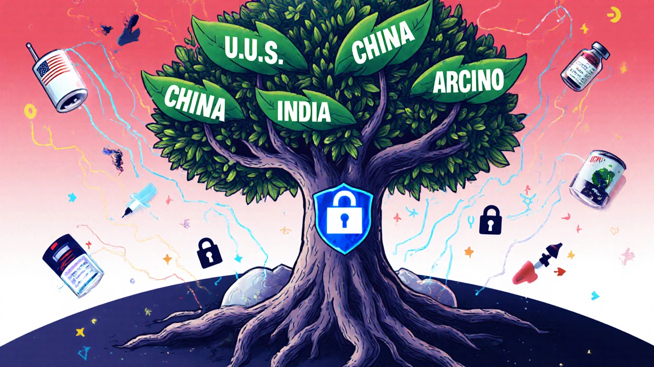 A hybrid drug supply chain tree with U.S. roots and global branches, protected by glowing AI roots and cyber shields.