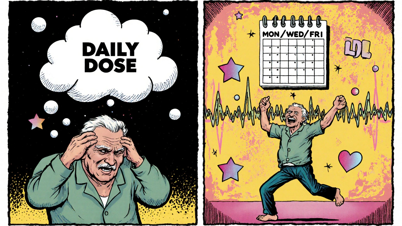 A man transforms from tired to energetic as his statin dosing shifts from daily to weekly in a vibrant, surreal split scene.