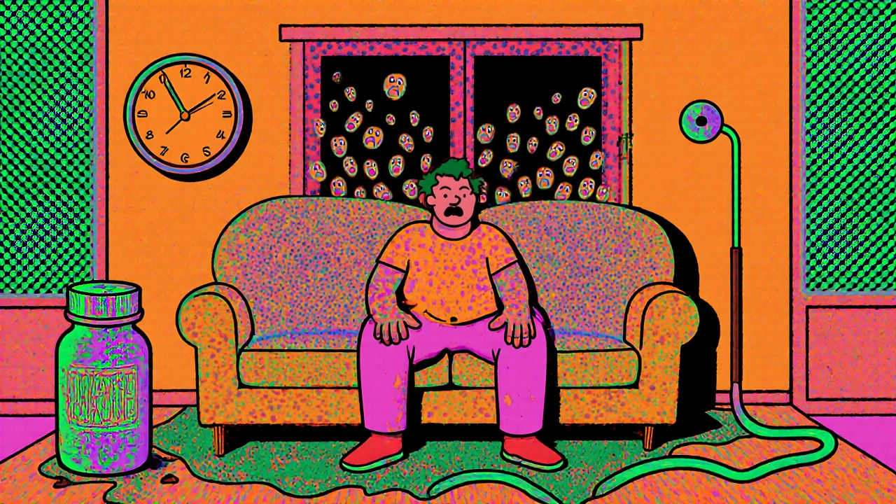 A man with a spreading rash that morphs into faces, under a melting clock and pill bottle in vibrant psychedelic colors.